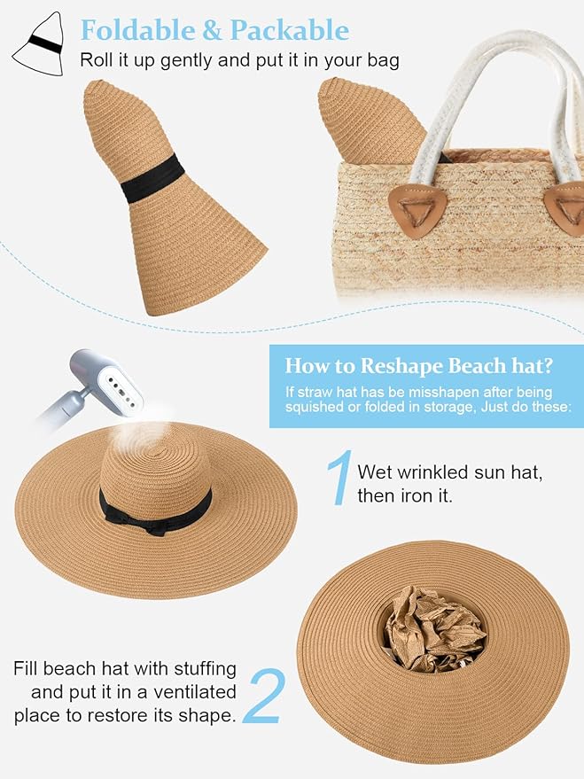 Senker Fashion Sun Hats for Women Oversize Wide Brim Straw Beach Hat Floppy Foldable Roll-Up Summer Vacation UPF 50+