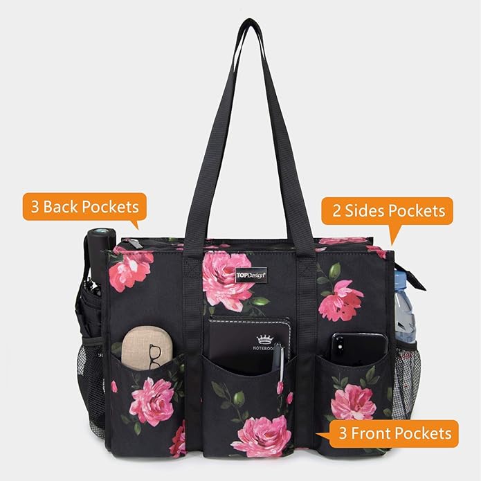 TOPDesign Utility Water Resistant Tote Bag with 13 Pockets, Top Zipper Closure & Thick Bottom Support, for Working Women