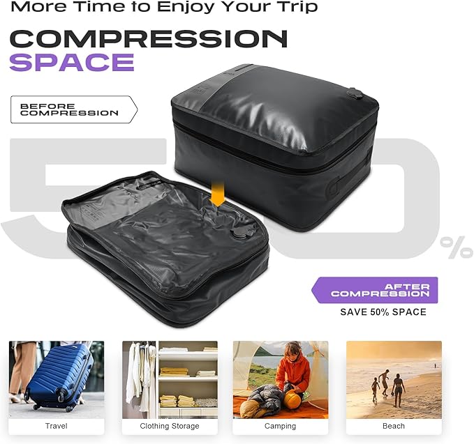 TPU Vacuum Bag for Travel, 70D Nylon Reusable Compression Bag with IP67 Waterproof Zipper, Compression Packing Cubes for Clothing, Space Saver Bags for Luggage and Backpack (Full Open, Grey,2Pcs)