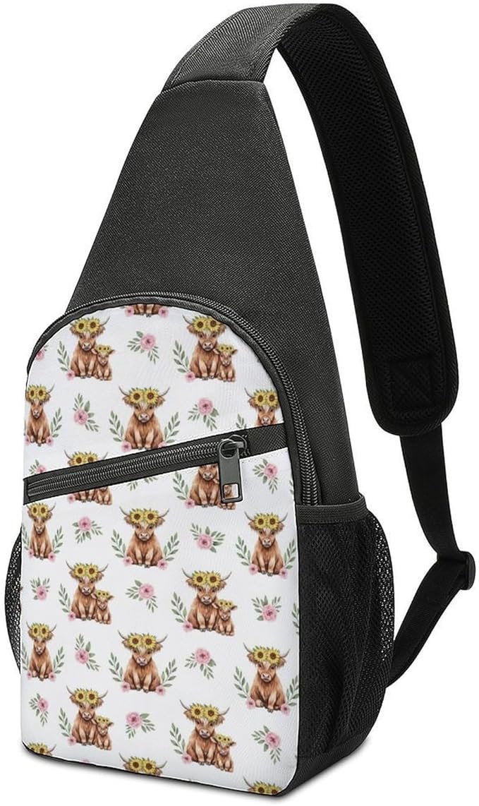 SWEET TANG Sling Bag for Men Women, Comfortable Crossbody Backpack, Highland Cow Sunflower Farm Animal, Anti Theft Sling Shoulder Chest Bag Daypack, Fashion Travel Gym Sack Rucksack