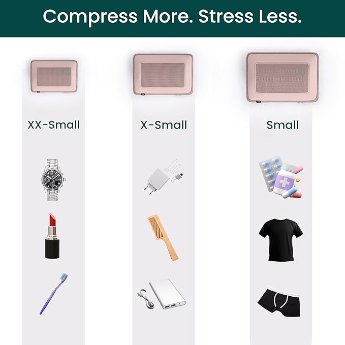 NOBL Travel Compressible Packing Cubes Set, 6 Pieces Travel Packing Organizers, Compression Luggage Cubes for Suitcases & Carry On, Space Saving (XXS, XS, S, M, L, XL) - Pink