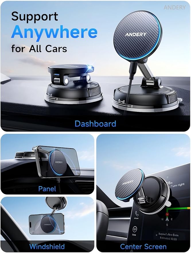 ANDERY Only for iPhone Magsafe Car Mount Charger [15W Wireless Faster Charging, 78+LBS Strongest Suction, 2400gf Strongest Magnetic] 360° Adjustable, Phone Holders for Your Car for iPhone 17-12