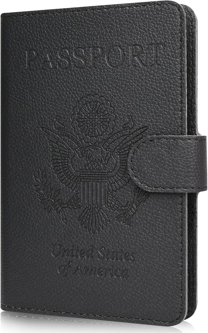 RSAquar Passport Holder for Women and Men, Premium PU Leather Travel Passport Wallet RFID Blocking Passport Cover Travel Documents Organizer (JD-Black)