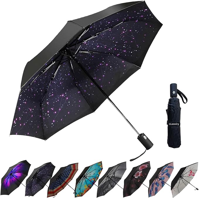LLanxiry Compact Travel Umbrella, 44" Canopy, Automatic Open/Close Windproof Umbrella, 210T Pongee, 8-Rib Fiberglass, Travel Size Mini, Portable Rain/Sun Umbrellas UPF 50+ with Cover