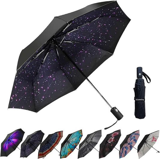 LLanxiry Compact Travel Umbrella, 44" Canopy, Automatic Open/Close Windproof Umbrella, 210T Pongee, 8-Rib Fiberglass, Travel Size Mini, Portable Rain/Sun Umbrellas UPF 50+ with Cover