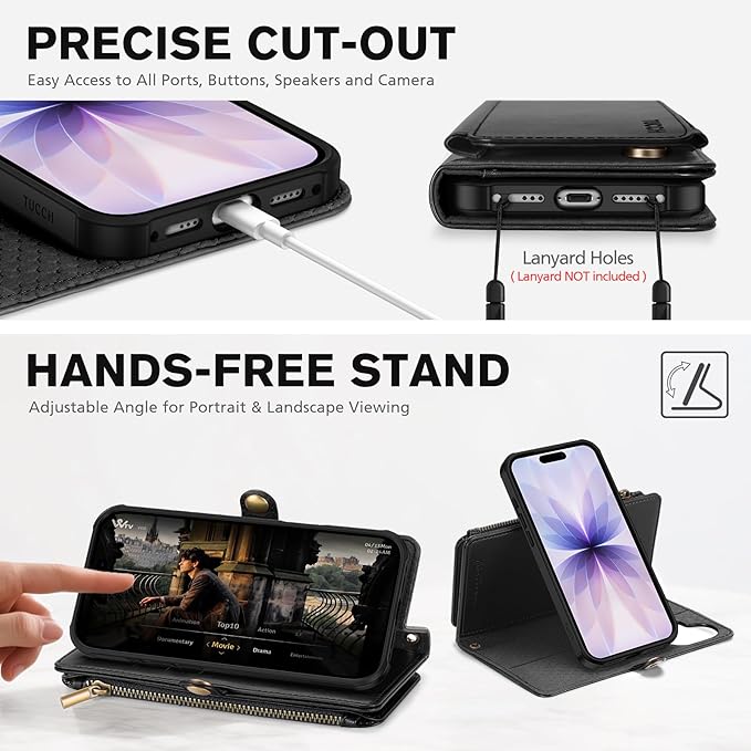 TUCCH Crossbody Detachable Wallet Case for iPhone 17 (6.3") 2025, 9 Card Slots RFID Blocking | Wireless Charging | Wrist Strap | Lanyard | Stand | Zipper Pocket | PU Leather Shockproof Cover | Black