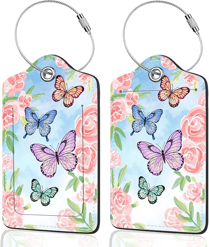 2Pack Luggage Tags for Suitcases, Cute Unique Pu Leather Cruise Luggage Tag with Privacy Cover ID Label Address Card and Metal Ring Suitable for Women Men Kids Travel Bag Pink Flowers and Butterflies