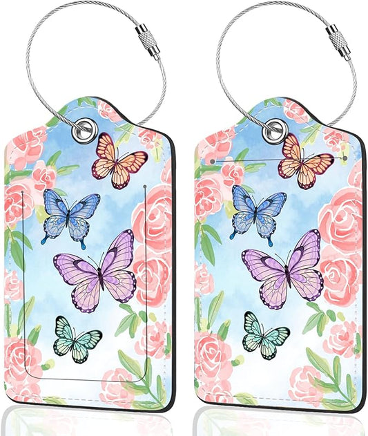 2Pack Luggage Tags for Suitcases, Cute Unique Pu Leather Cruise Luggage Tag with Privacy Cover ID Label Address Card and Metal Ring Suitable for Women Men Kids Travel Bag Pink Flowers and Butterflies