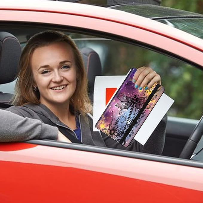 Car Registration and Insurance Holder, Leather Car Glove Box Organizer, Cool Car Accessories for ID, Driver's License Cards & Essential Document,Business Cards,Men&Women,Vintage Dragonfly