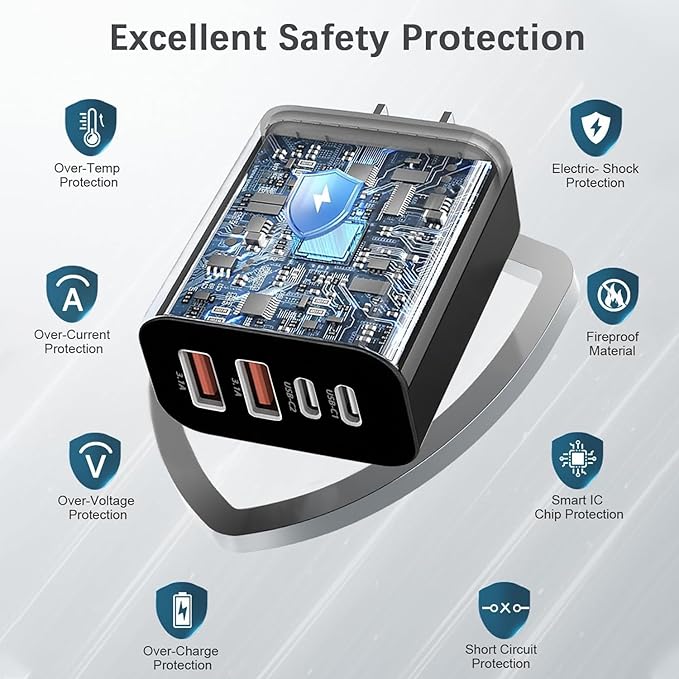 60W USB C Charger Block,2Pack 4-Port GaN USB C Charger Fast Charging Wall Plug Dual Type C+Dual USB-A Port,Multiport Power Adapter Cube for iPhone 17 Pro Max/16e/15/14/13/12/11,iPad Pro/Air/Mini-Black