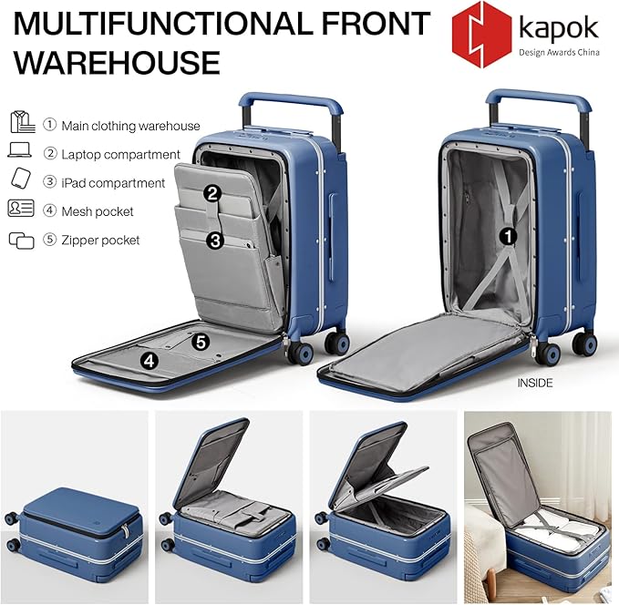 mixi Carry On Luggage Wide Handle Luxury Design Rolling Travel Suitcase PC Hardside with Aluminum Frame Hollow Spinner Wheels, with Cover, 20 inch, Sapphire Blue