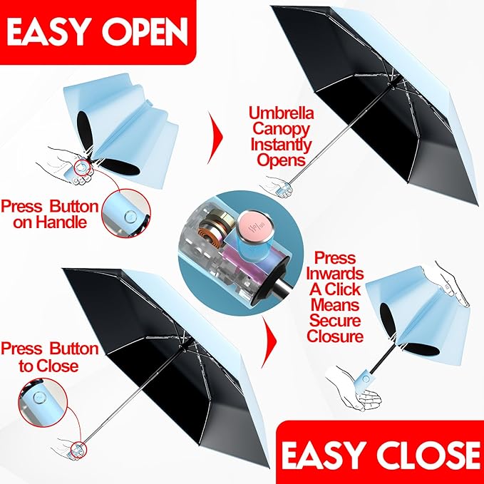 Automatic Mini Travel Windproof Folding Umbrella - UV Protection, Instant Open/Close for Rain/Sun, Small Compact Lightweight Design Fits in Tote Bag/Travel Case/Backpack for Commute, Women & Men
