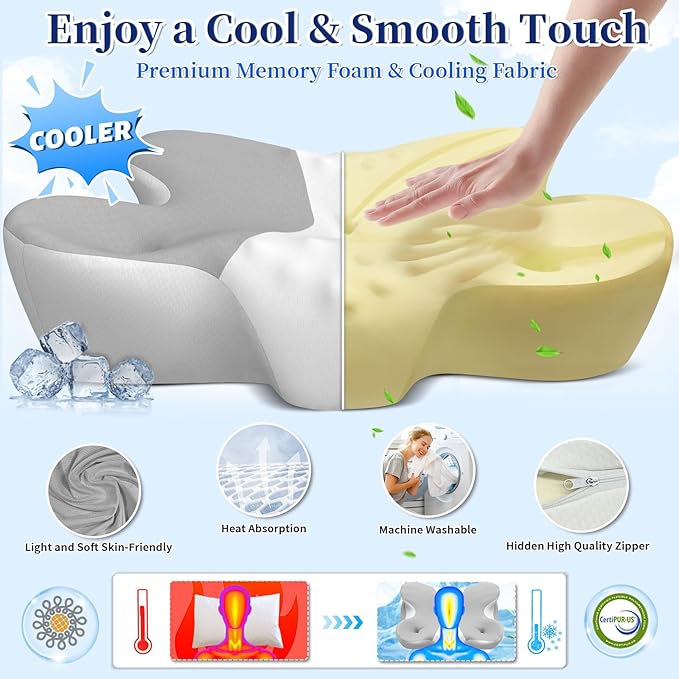 Cervical Neck Pillow, Side Sleeper Pillows, Cooling Ergonomic Neck Support Pillow for Neck Pain Relief, Orthopedic Contour Memory Foam Pillows for Side Back & Stomach Sleepers