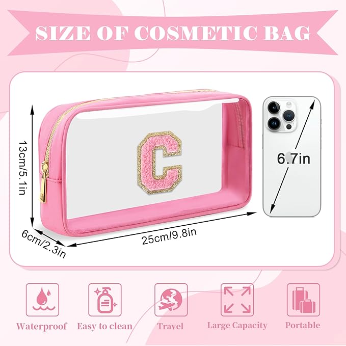 Personalized Initial Letter Clear Makeup Bag,Preppy Small Nylon&PVC Cosmetic Zipper Bag with Chenille Letter,Portable Beach Travel Skincare Toiletry Bag,Trendy Monogram Gift for Teen Girls Women,C