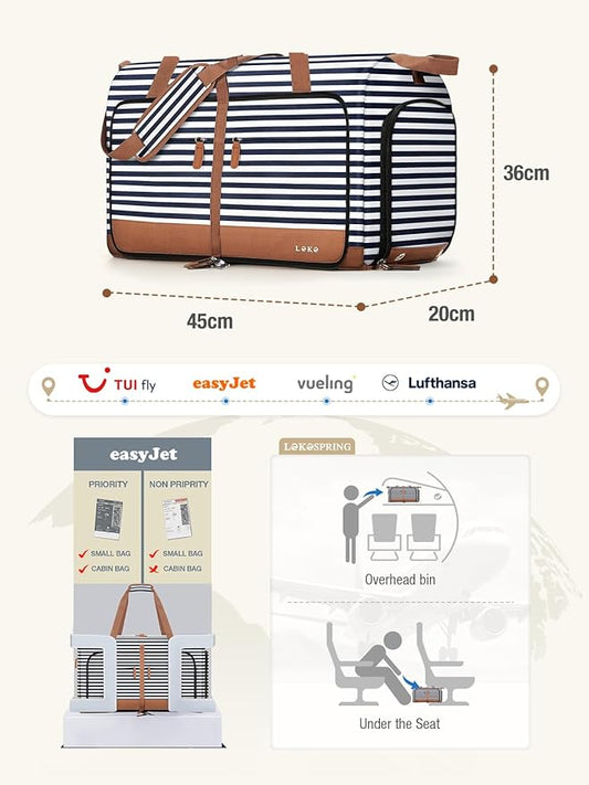Lekesky Foldable Travel Duffle Bag for Women, Large Duffel Bag with Separate Shoes Compartments & Straps, Carry On Weekend Bag for Women, Hospital, Overnight (Blue Stripe, 30L)
