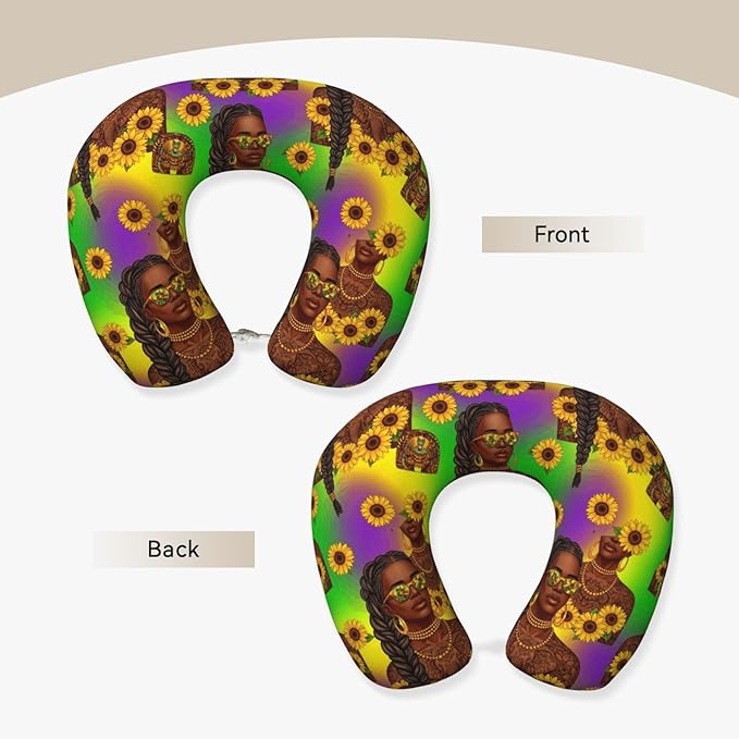 Memory Foam Neck Pillow African American Black Woman Girl Painting Sunflower, Travel U Shaped Airplane/Car/Flight Pillows with Removable Zipper Cover, Chin Head Neck Support Cushion