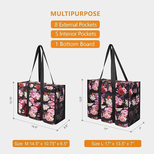 TOPDesign Utility Water Resistant Tote Bag with 13 Pockets, Top Zipper Closure & Thick Bottom Support, for Working Women