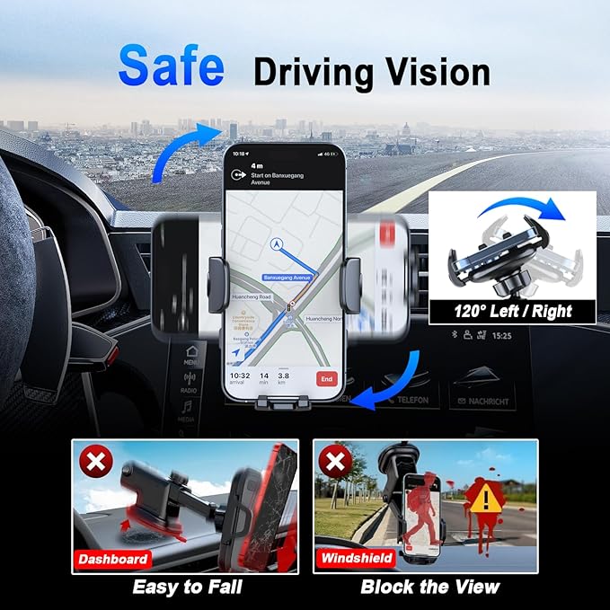[2026 NEW] Car Phone Holder for Horizontal/Vertical Vent【Upgraded Metal Hook Clip】【Wider Clamp&Fit Thicker Case】Universal Cellphone Stand Car Mount Cradle for iPhone 17 Pro Max 16 15 14 13 Air Android
