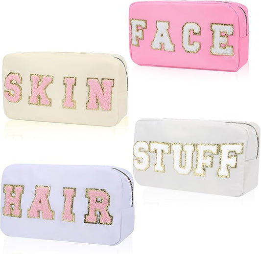 4 Pcs Nylon Cosmetic Bags Travel Organizer Chenille Letter Makeup Pouch Zipper Preppy Waterproof Hair Bag Toiletry Pouch for Women Girls Pinks