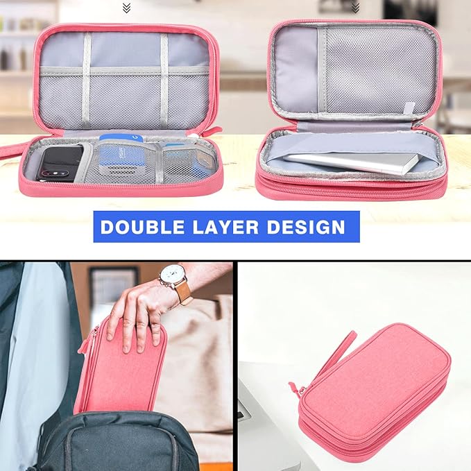 Electronic Accessories Case, Electronics Organizer Pouch Bag, Portable Travel Cable Organizer Case, Tech Storage Bag for Cable, Cord, Charger, Phone, Power Bank, Earphone (Dark Pink, Large)