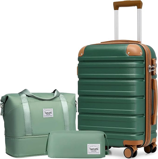 TAKUMI Carry On Luggage Set 3 Piece ABS+PC Hardshell Suitcases with Duffel Bag Double Spinner Wheels Travel Luggage with TSA Lock Lightweight Suitcase Set(GREEN BROWN, 3 PIECE SET(20/DB/TB))