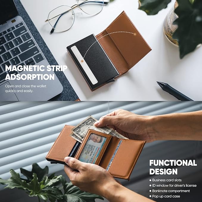 VULKIT Pop up Wallet Minimalist Cash Wallets RFID Blocking Leather Smart Credit Card Holder with Magnetic Closure for Men