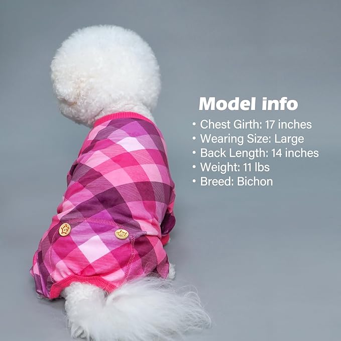 KYEESE Dog Pajamas Comfy Pet Clothes Soft Coat Lightweight Pjs Velvet Doggie Jammies Stretchy Onesie Plaid Dog Pajamas for Small Dogs Boy Girl,Pink, Medium