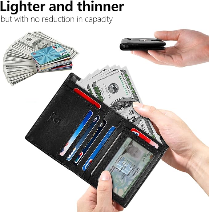 GSOIAX Wallet for Men Slim RFID Blocking Front Pocket Bifold Wallet Leather Money Clip 10-12 Cards Mens Wallet with ID Window Thin Minimalist Credit Card Holder Birthday Gifts for Men Leather-Black