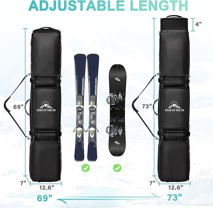 Ski Bag with Wheels, Extendable Snowboard Bag, Waterproof 900D Ski Bags for Air Travel, Padded Snowboard Bag with Backpack & Shoulder Strap