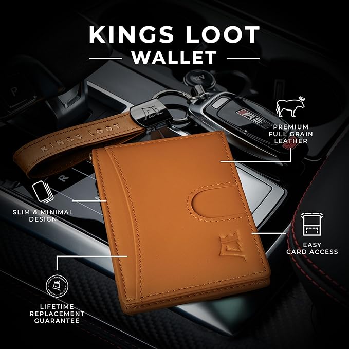 Kings Loot Money Clip Slim Minimalist Wallet for Men – RFID Blocking Leather Design with Money Clip – Front Pocket Bifold Holds 12 Cards – Stylish & Compact Wallets (Cognac)