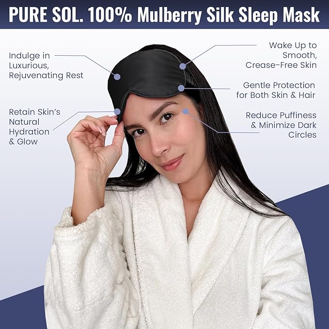 Pure SOL. Silk Sleep Mask - 100% Mulberry Silk Eye Mask - Eye Mask for Sleeping & Blindfold for Power nap During Travel (Onyx)