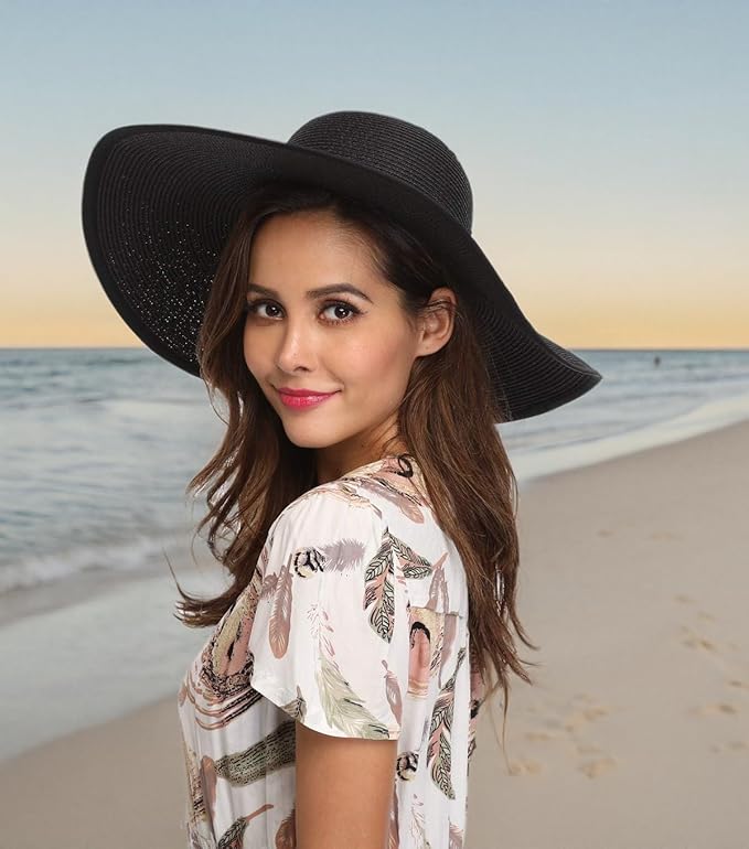 Lanzom Womens Wide Brim Straw Hat Big Floppy Foldable Roll up Cap Beach Sun Hat UPF 50+