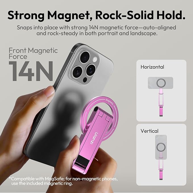 ULANZI MA60 Magnetic Phone Tripod Stand for iPhone - Aluminium Smartphone Mini Tripod Pocket Cell Phone Stand Strong Magnet Quick Mount Compatible with iPhone 16 15 14 13 12 Series, Pink