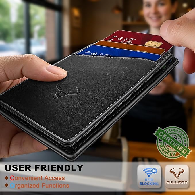 BULLIANT Men Wallet,Top Grain Leather Slim Wallet Magnetic Closure Simplifed Bill Folder RFID Blocking 11Cards