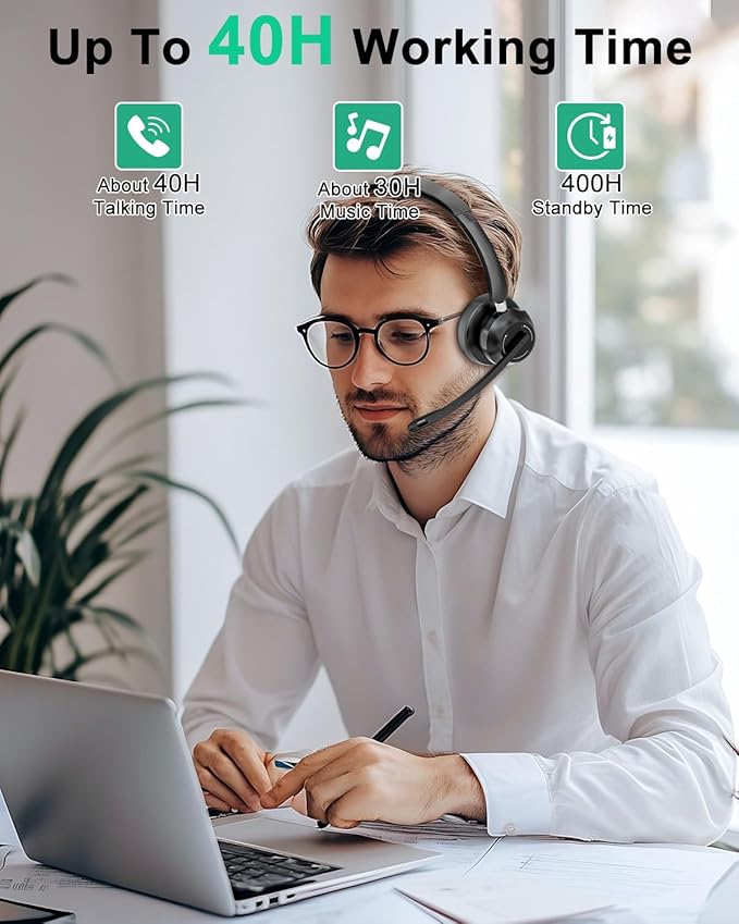 Blue Air Wireless Headphones with Microphone, Bluetooth Headset with Noise Cancelling Mic & USB Dongle & Mic Mute, 40H Playtime, Powerful Sound, for Work Meetings Calls Computer Laptop PC Phone