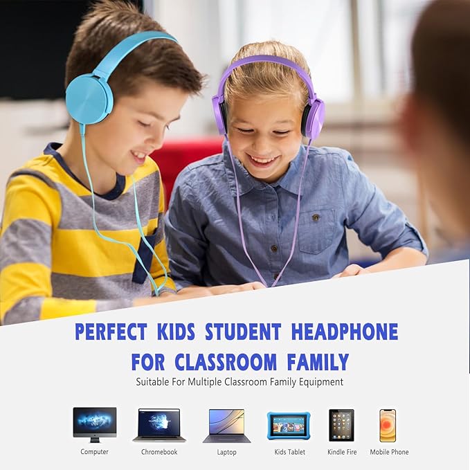 2 Pack Kids Headphones for School Classroom, Wired Computer Online Learning Headset for K-12 Students, Durable Soft Swivel On Ear Pads Earphones for Laptop PC Meetings Calls (Light blue+Purple)