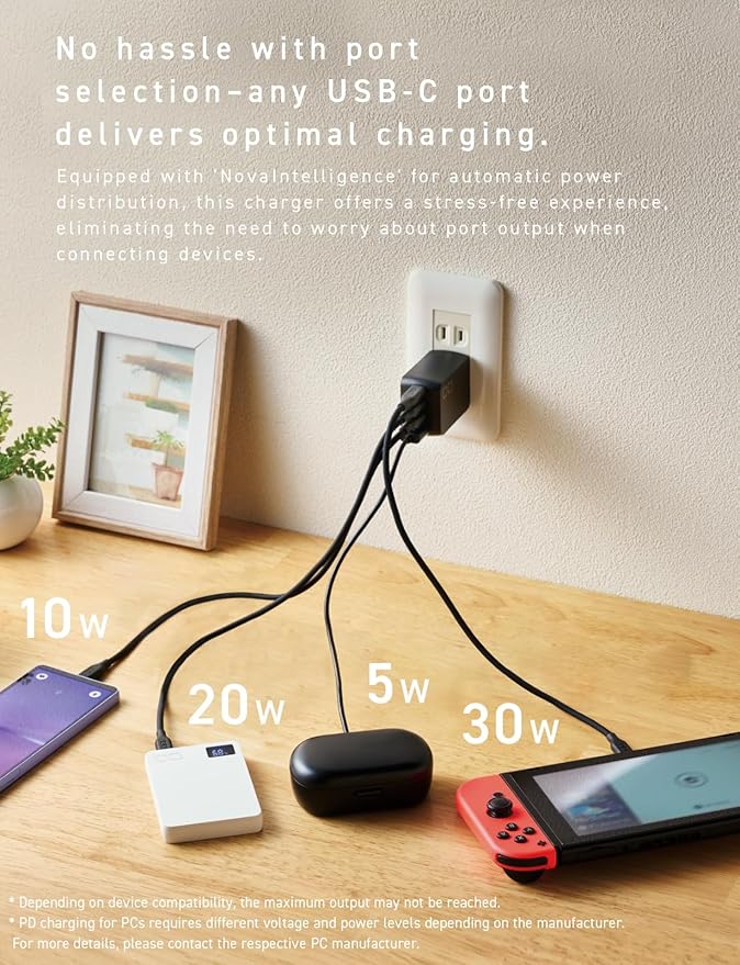 CIO 65W GaN Charger Block, Compact 4-Port Adapter with 3 USB-C Ports & 1 USB-A, Max 67W USBC Fast-Charging Multi-Device Wall Charger Block for Laptop/Phone/Tablet, NovaPort Quad II 67W3C1A (Black)