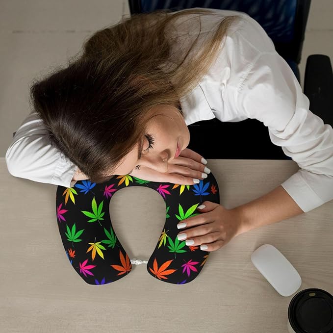 Neck Pillow Memory Foam Chin Cushion with Breathable Cover Trippy Neon Weedleaf Leaves, Cute Airplane Car Pillows for Office Head Pain Relief