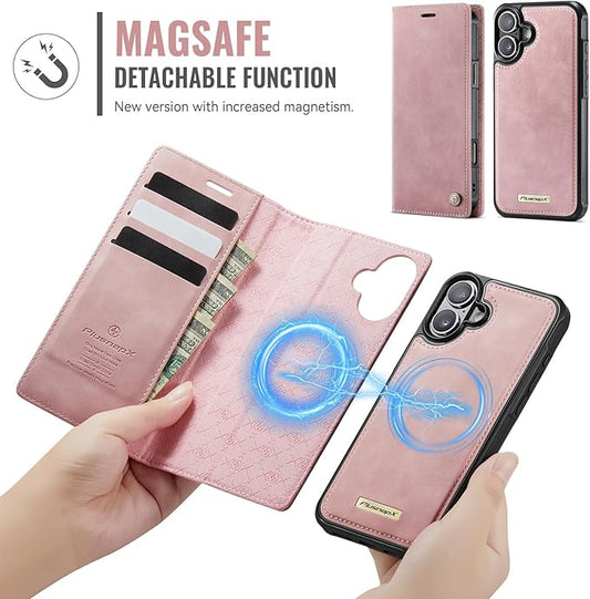 PlusnapX Wallet Case for iPhone 17 Compatible with Magsafe, 2-in-1 PU Leather Flip RFID Blocking Card Holder Stand Shockproof Magnetic Detachable Cover for iPhone 17 Case 6.3", Pink