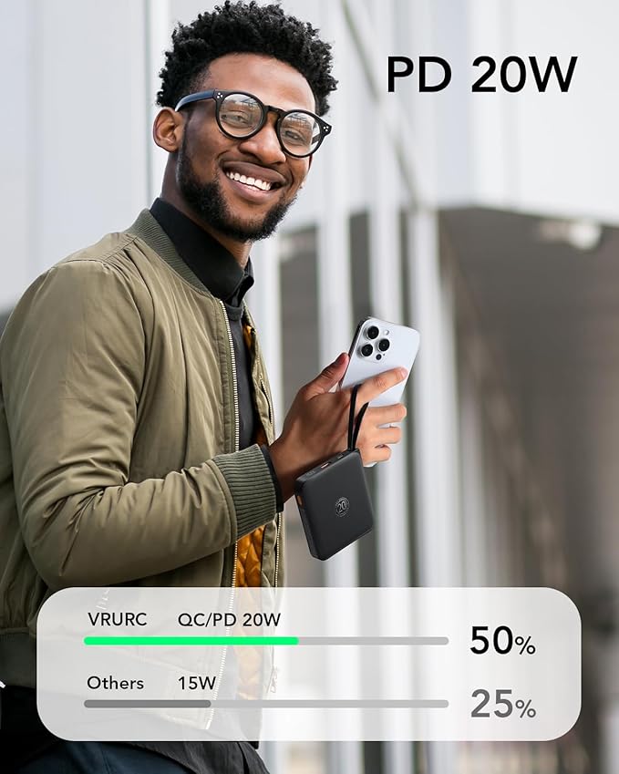 VRURC Portable Charger with Built-in Cable, 10000mAh 22.5W Fast Charging USB C Battery Pack, Cell Phone Power Bank for iPhone 17 16 15 Samsung Galaxy S25 S24 S23 Series Android Tablet, Black(1 Pack)