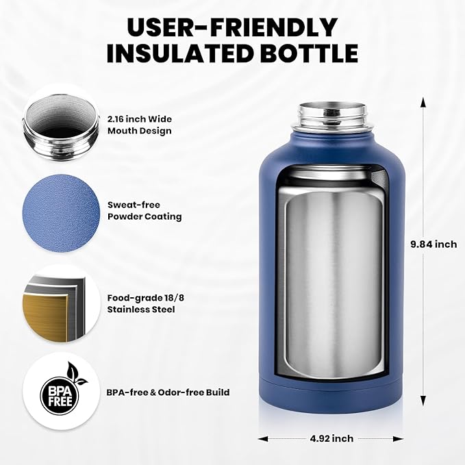 Insulated Water Bottle 64 oz, Triple Wall Vacuum Stainless Steel (Cold for 48 Hrs), Leak Proof & Non-BPA, Half Gallon Water Flask Jug with Paracord Handle & Straw Spout Lids, Navy Blue