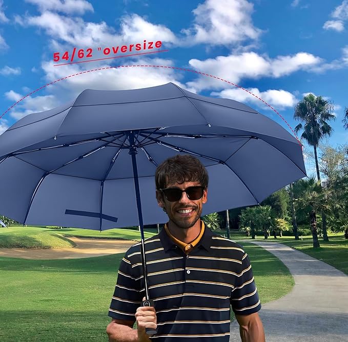 MRTLLOA 49/54/62 Inch Large Folding Golf Umbrella, Oversize Double Canopy Vented 10 Ribs Windproof Compact Travel Umbrellas for Rain