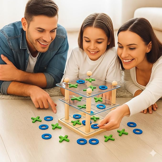 3D Ultimate Wooden Tic Tac Toe Board Game – Classic XO Strategy Game for Kids & Adults, Fun Family Table Games Night, Durable Wooden Tabletop Game