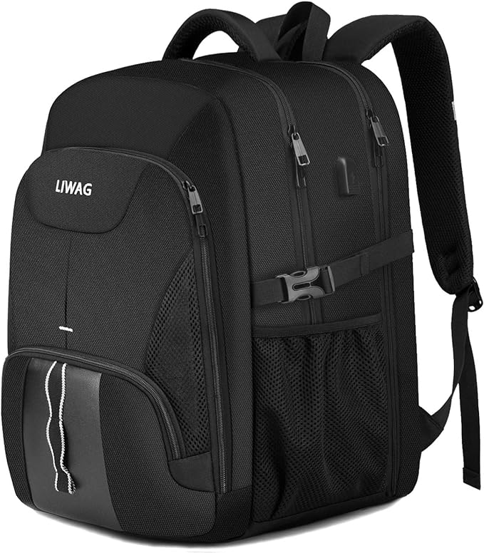 LIWAG Laptop Backpack, Black, 55L Capacity, TSA Friendly, USB Charging Port, Anti-Theft, Night Light Reflective, Comfy & Durable, Suitable for Travel