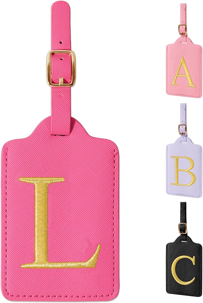 Personalized Initial Luggage Tag, Rose Red Leather, Cute Luggage Tags With Privacy Cover, Embroidered Custom Monogram, Gifts for Women, Kids