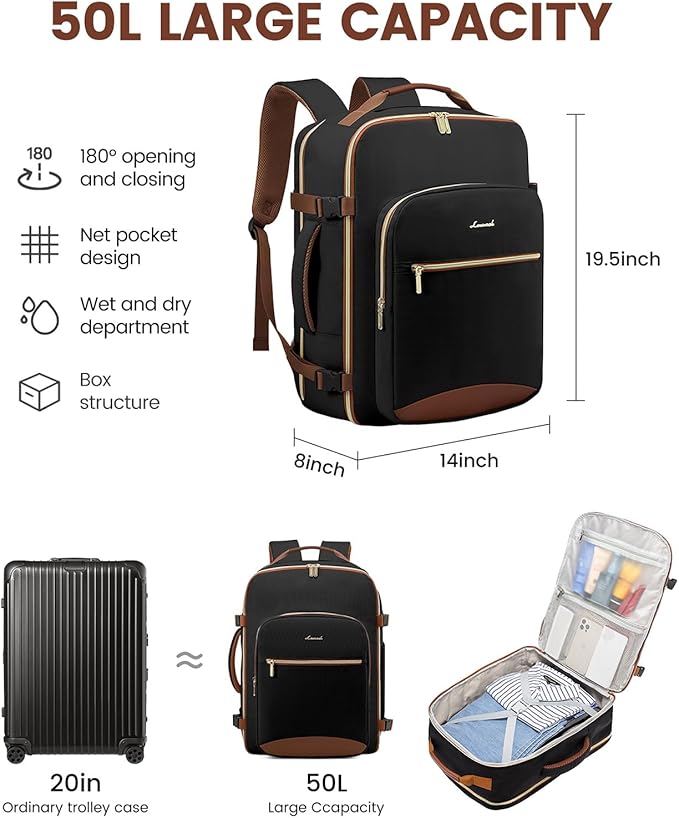 LOVEVOOK 50L Large Travel Backpack for Women Men Fits 17 Inch Laptop, Carry on Backpack for Traveling on Airplane, Personal Item Bag Airline Approved, Business Causal Weekender Backpack, Black-Brown