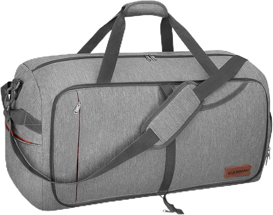 Canway 65L Travel Duffel Bag, Foldable Weekender Bag with Shoes Compartment for Men Women Large Packable Travel Bag Water-proof & Tear Resistant (Textured Grey, 65L)