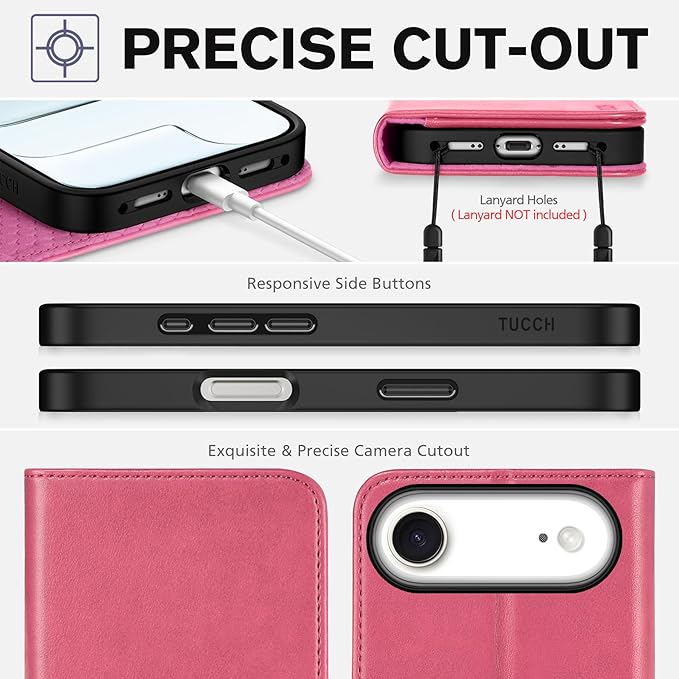 TUCCH Case Wallet for iPhone Air (6.5-Inch) 2025, [3 Card Slots] Kickstand [RFID Blocking] PU Leather Case, Flip Folio Cover with [TPU Shockproof Interior Shell], Hot Pink