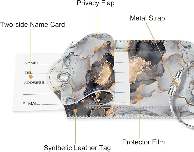 Fintie Luggage Tags, Privacy Cover ID Label with Stainless Steel Loop and Address Card for Travel Bag Suitcase - Cloudy Marble (2 Piece)