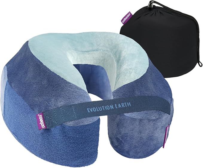 Cabeau Best Neck Pillow for Travel – Evolution Earth Deluxe – 360° Head, Neck and Chin Support for Sleeping – Sustainable Memory Foam - Removable, Washable Cover with Compact Carrying Case (Water)